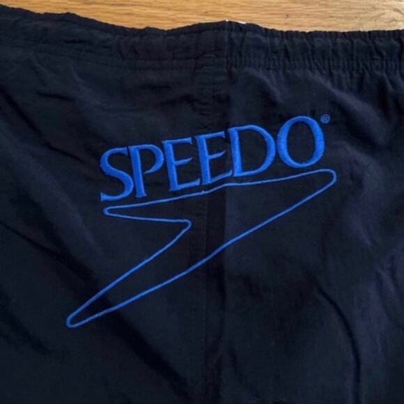 Mens Size XXL Vintage Speedo Swim Trunks 2x Black with blue letters  100% nylon - Picture 2 of 6